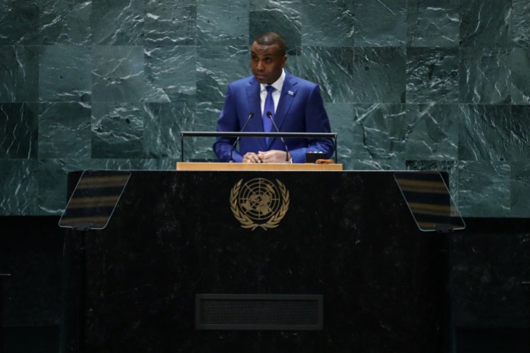 hamza-abdi-barre-2-1727623052 Somalia's Prime Minister Hamza Abdi Barre speaks during the 79th Session of the United Nations General Assembly at the United Nations headquarters in New York City on September 27, 2024. (Photo by Leonardo Munoz / AFP)