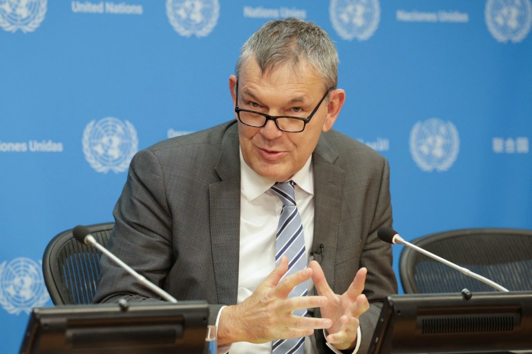 philpe-laz-1734799869-1 Philippe Lazzarini, the Commissioner General of the United Nations Relief and Works Agency for Palestine Refugees in the Near East (UNRWA) holds a briefing at U.N. headquarters in New York City, U.S., November 13, 2024. REUTERS/Kent Edwards