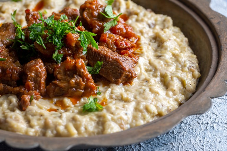 Turkish Food Hunkar Begendi made with Eggplant and Meat.; Shutterstock ID 2342466887; purchase_order: aj; job: ; client: ; other: