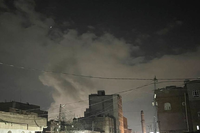 yemen-us-st8-1742336563 SANAA, YEMEN - MARCH 15: Smoke rises after the American-Israeli aircraft launched a series of airstrikes on the capital, Sanaa, Yemen on March 15, 2025. US President Donald Trump confirmed on Truth Social that he ordered the military to launch 'powerful' and 'decisive' action against the Houthis. (Photo by Mohammed Hamoud/Anadolu via Getty Images)