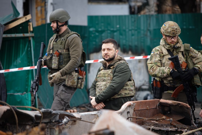 2148138437-1742119395 Bucha, Ukraine. APR 04, 2022 President of Ukraine Volodymyr Zelenskyy visit Bucha town after liberation it from Russian occupiers during Russian Ukrainian war