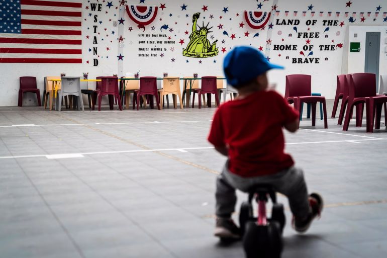 567d982d981-1745576810 An immigrant child plays in a gymnasium as U.S. Immigration and Customs Enforcement (ICE) and Enforcement and Removal Operations (ERO) hosts a media tour at the South Texas Family Residential Center in Dilley, Texas, in August 2019. Photo: Jabin Botsford/The Washington Post via Getty Images