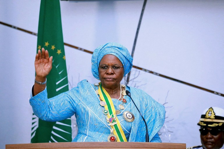 8756dd-1742577100 Namibia's first female President, Netumbo Nandi-Ndaitwah gestures during her inauguration at the State House in Windhoek, Namibia, March 21, 2025. REUTERS/Stringer REFILE - QUALITY REPEAT