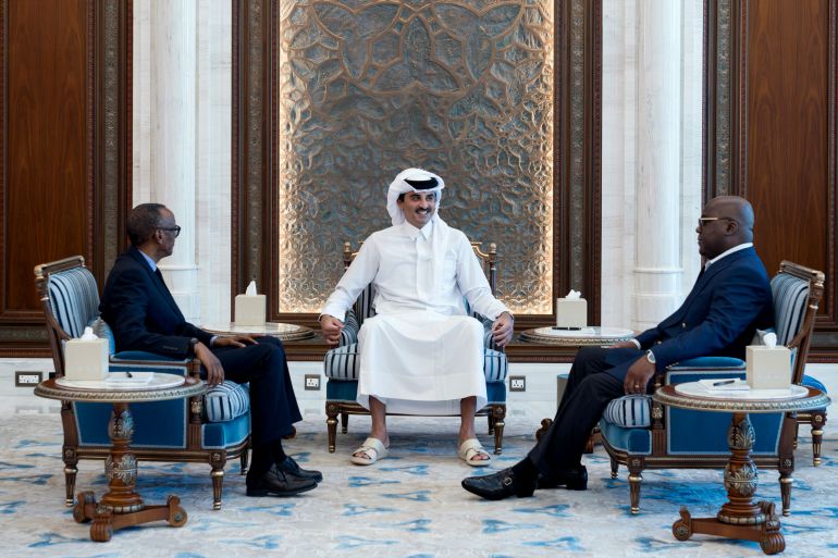 afp-1651110056_e51d43-1742346807-3 This handout image provided by the Qatari Ministry of Foreign Affairs (MOFA) shows Qatar's Emir Sheikh Tamim bin Hamad Al Thani(C) meeting with Rwandan leader Paul Kagame (L) and DRC President Felix Tshisekedi in Doha on March 18, 2025.