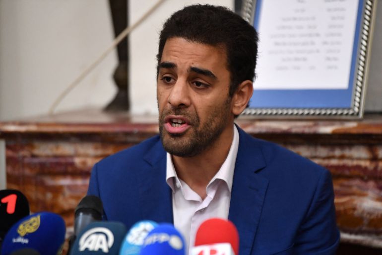 Saeb Souab, son of former president of the Administrative Court Ahmed Souab, speaks during a press conference in Tunis on April 23, 2025.