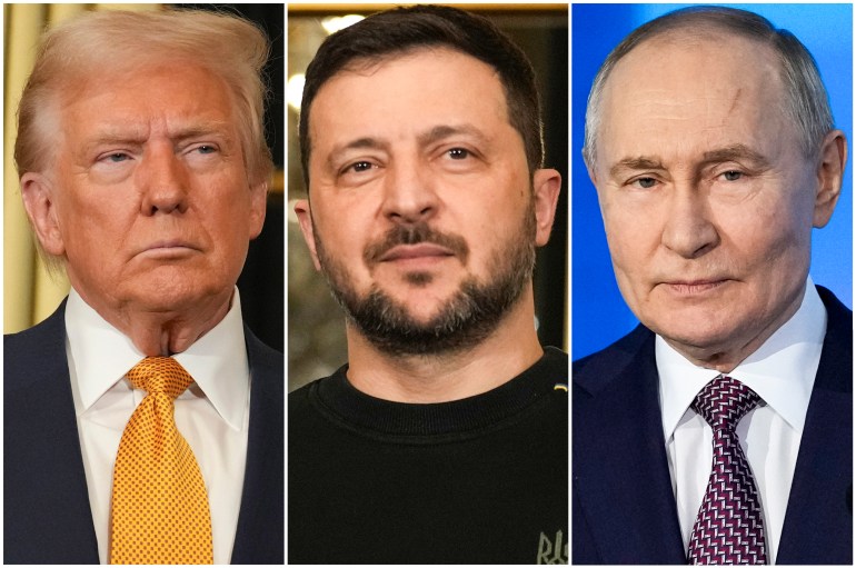 ap-879879760_3a3c2d-1742423769 In this combination of file photos, President Donald Trump, left, and Ukraine's President Volodymyr Zelenskyy, center, are seen at the Elysee Palace, Dec. 7, 2024 in Paris, and President Vladimir Putin, right, addresses a Technology Forum in Moscow, Russia, Feb. 21, 2025. (AP Photo/Aurelien Morissard, left and center, Pavel Bednyakov, right)