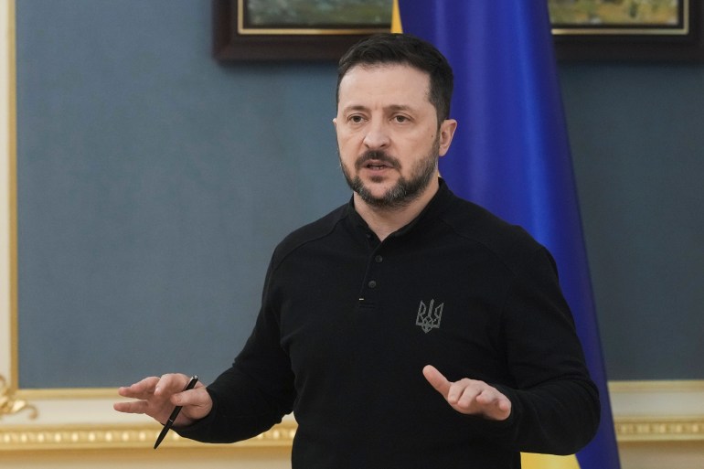 ap25087621517748-1743229252 Ukrainian President Volodymyr Zelenskyy speaks during a briefing in Kyiv, Ukraine, Friday, March 28, 2025. (AP Photo/str)