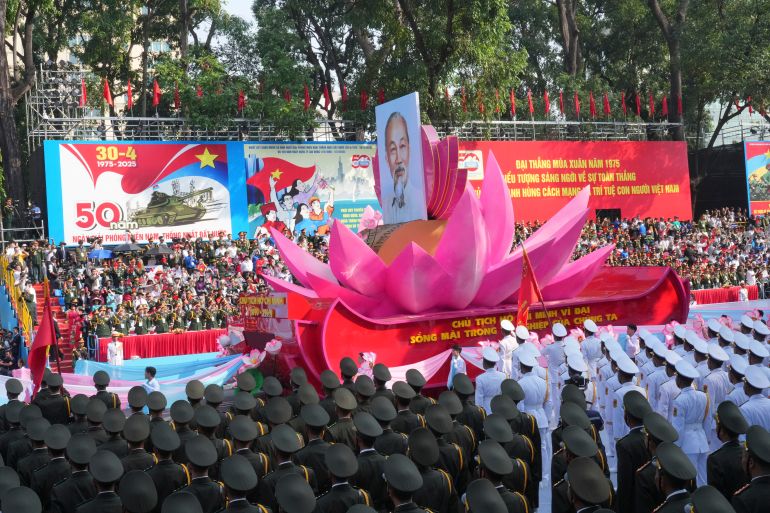 ap_6811af4339980-1745989443 A float carrying a portrait of the late Vietnamese revolutionary leader Ho Chi Minh takes part in a parade during the 50th anniversary celebration of the end of the Vietnam War Wednesday, April 30, 2025, in Ho Chi Minh City, Vietnam. (AP Photo/Achmad Ibrahim)