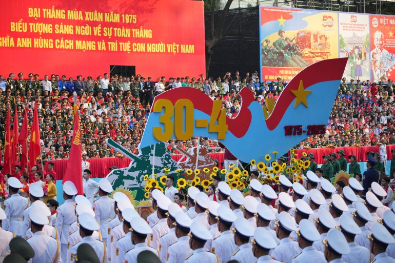 ap_6811af64256f7-1745989476 A float depicting a tank is carried in a parade celebrating the 50th anniversary of the end of the Vietnam War in Ho Chi Minh City, Vietnam, Wednesday, April 30, 2025. (AP Photo/Achmad Ibrahim)