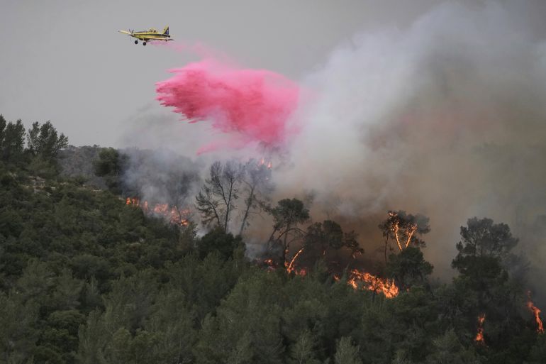 ap_6812556666129-1746031974 A plane uses a fire retardant to extinguish a fire burning in a forest near Jerusalem, Wednesday, April 30, 2025. (AP Photo/Mahmoud Illean)