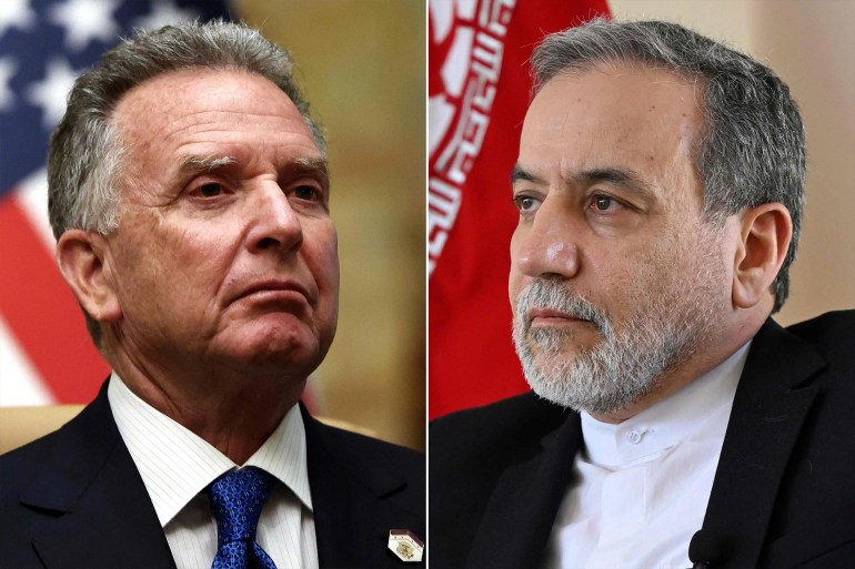 com-2-1744351322 (COMBO) This combination of pictures created on April 09, 2025 shows US Middle East envoy Steve Witkoff after a meeting with Russian officials at Diriyah Palace, in Riyadh, Saudi Arabia, on February 18, 2025 (L); and Iran's Foreign Minister Abbas Araghchi speaking to AFP during an interview at the Iranian consulate in Jeddah on March 7, 2025.