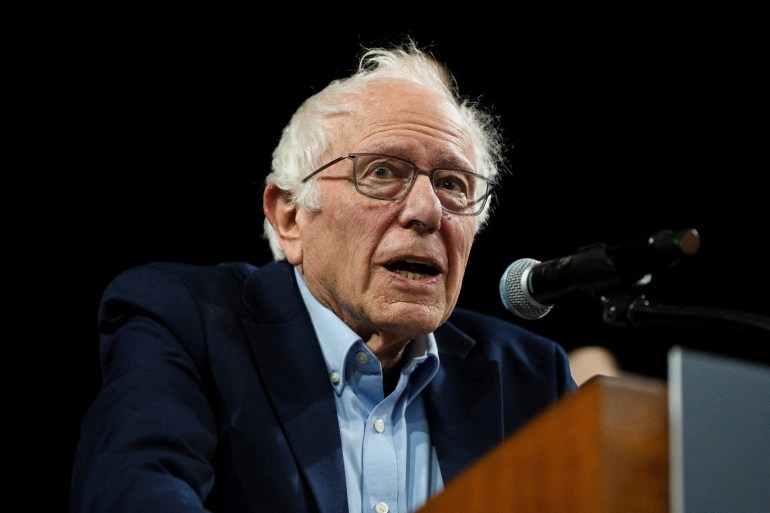 Independent U.S. Senator Bernie Sanders speaks during a "Fighting Oligarchy" rally with Democratic Congresswoman Alexandria Ocasio-Cortez at Mullett Arena in Tempe, Arizona, U.S. March 20, 2025. REUTERS/Rebecca Noble