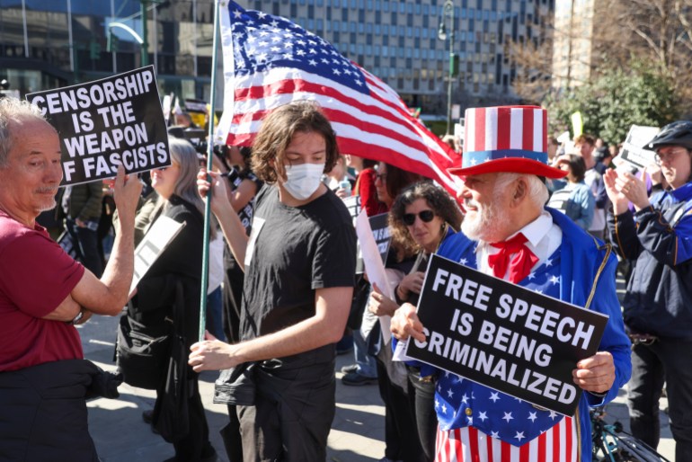 epa_680876e9da16-1745385193 epa12037743 A person dressed as Uncle Sam attends the National Day of Action for Higher Education rally at Foley Square in New York, New York, USA, 17 April 2025. The organizers oppose conservative politicians withholding funding to influence how institutions run their schools, such as a recent investigation of Harvard University for alleged noncompliance with civil rights law. EPA-EFE/SARAH YENESEL
