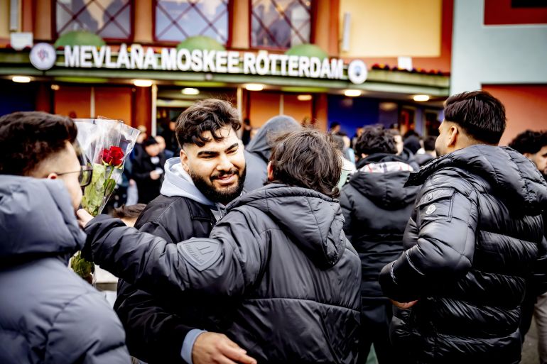 epa_680a51308926-1745506608 epa11998647 Muslims greet each other after morning prayers at the Mevlana Mosque during Eid-al-Fitr at the end of the Islamic fasting month of Ramadan, in Rotterdam, the Netherlands, 30 March 2025. EPA-EFE/Robin Utrecht