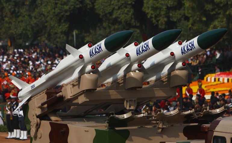 getty_6810f1f568-1745940981 DELHI, INDIA - JANUARY 26: Replica missiles from the Akash Weapon System are displayed during the Republic Day Parade on January 26, 2009 in New Delhi, India. India today celebrates its 60th Republic Day with its annual parade. The parade is an opportunity for India to display its military might, progress and cultural diversity. (Photo by Daniel Berehulak/Getty Images)