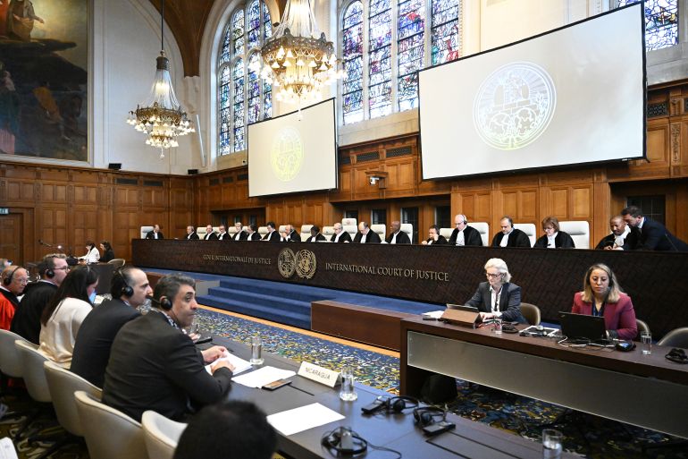 gettyimages-2141941542-1712641701 THE HAGUE, NETHERLANDS - APRIL 08: A view of the hearing on Nicaragua's claim that Germany aids Israel's ongoing genocide in the besieged Gaza Strip at the International Court of Justice (ICJ) in The Hague, Netherlands on April 08, 2024. The case concerns alleged violations of the Genocide Convention of 1948 and the Geneva Conventions of 1949 pertaining to international humanitarian law in Palestinian territories. (Photo by Dursun Aydemir/Anadolu via Getty Images)