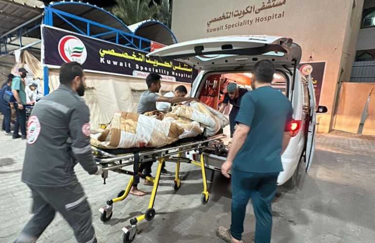 RAFAH, GAZA - MAY 03: Palestinians injured after an Israeli attack are being taken to Kuwait Hospital for treatment in Rafah, Gaza on May 03, 2024. It was reported that there were many dead and injuries as a result of the Israeli attack. (Photo by Doaa Albaz/Anadolu via Getty Images)