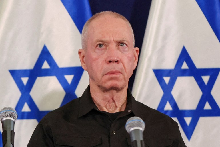 FILE PHOTO: Israeli prime minister Benjamin Netanyahu and defense minister Yoav Gallant during a press conference in the Kirya military base in Tel Aviv , Israel , 28 October 2023. ABIR SULTAN POOL/Pool via REUTERS/File Photo