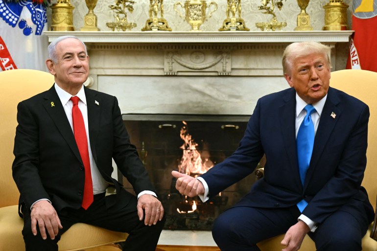 pic-216-1738708937 US President Donald Trump (R) meets with Israel's Prime Minister Benjamin Netanyahu in the Oval Office of the White House in Washington, DC, on February 4, 2025. (Photo by ANDREW CABALLERO-REYNOLDS / AFP)