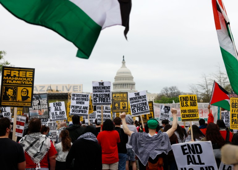 pic-222125-1744473246 WASHINGTON, DISTICT OF COLUMBIA, UNITED STATES - 2025/04/05: Pro-Palestinian demonstrators march in Washington D.C., demanding an end to the ongoing genocide in Gaza and calling for a cease-fire. The protest also condemns the Trump administration's crackdown on pro-Palestinian activism, including the baseless targeting of student protesters for deportation on accusations of supporting Hamas. (Photo by Probal Rashid/LightRocket via Getty Images)