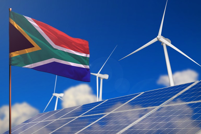 shutterstock_2388941905-1740846651-1 South Africa renewable energy, wind and solar energy concept with wind turbines and solar panels - alternative energy - industrial illustration, 3D illustration; Shutterstock ID 2388941905; purchase_order: multimedia; job: ; client: ; other: