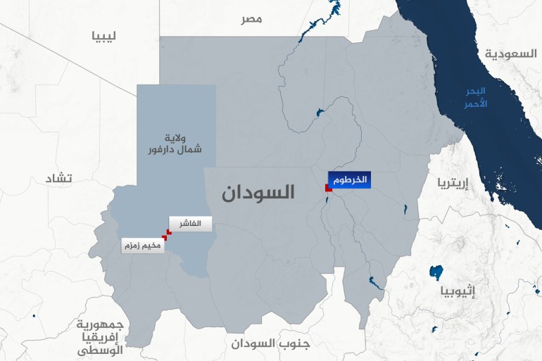 sudan-1744554100-2 تصميم خاص - خارطة توضح موقع مخيم زمزم للنازحين بولاية شمال دارفور غربي السودان