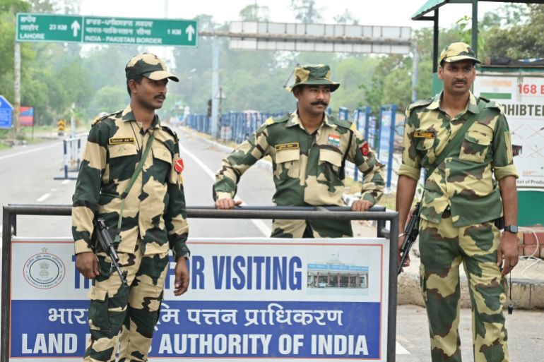 afp_6818bf22b08b-1746452258 Indian Border Security Force (BSF) personnel stand guard near the India-Pakistan Wagah border post, about 35kms from Amritsar on May 5, 2025.
