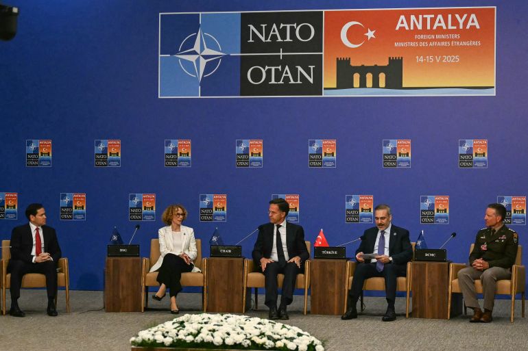afp_6825f47e1e5c-1747317886 (From L) US Secretary of State Marco Rubio, NATO Deputy Secretary General Radmila Sekerinska, NATO Secretary General Mark Rutte, Turkey's Foreign Minister Hakan Fidan and NATO Deputy Chair of the Military Committee Lieutenant General Andrew M. Rohling take part in an informal meeting of The North Atlantic Treaty Organisation (NATO) foreign ministers ahead of potential peace talks between Ukraine and Russia in Turkey, in Antalya, on May 15, 2025.