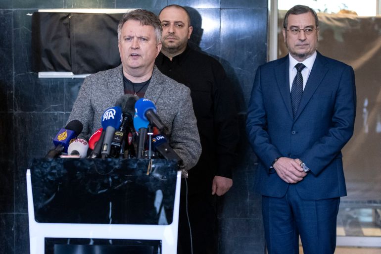 afp_68281d3a2b85-1747459386 Ukraine Deputy Foreign Minister Sergiy Kyslytsya, flanked by Ukraine's top negotiator and Defence Minister Rustem Umerov (C) and deputy head of Ukraine’s military intelligence Vadym Skibitsky (R), speaks to journalists after a meeting with the Russian delegates in Istanbul on May 16, 2025.