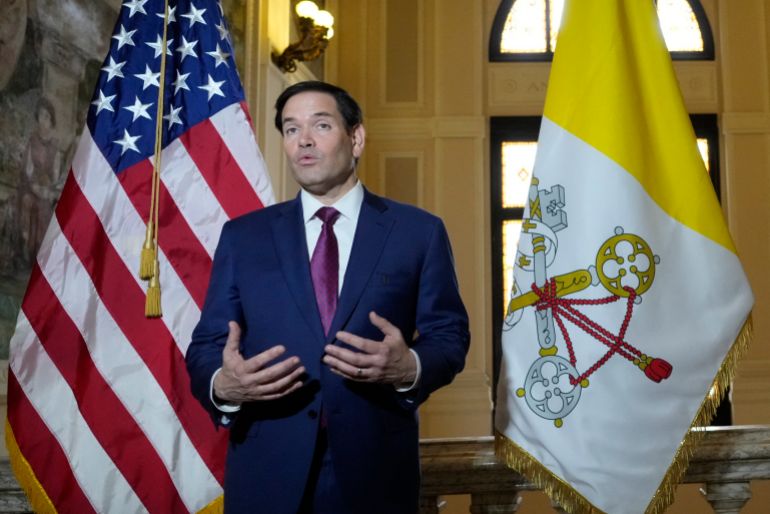 Secretary of State Marco Rubio, speaks to the media during a meeting with President of the Conference of Italian Bishops, Cardinal Matteo Zuppi at the U.S. Embassy to the Holy See in Rome, on May 17, 2025. (Photo by Gregorio Borgia / POOL / AFP)
