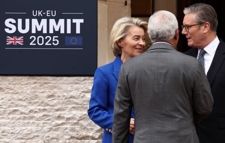 Britain's Prime Minister Keir Starmer (R) greets European Commission President Ursula von der Leyen and European Council President Antonio Costa as they arrive to attend the UK-EU Summit at Lancaster House in London on May 19, 2025.