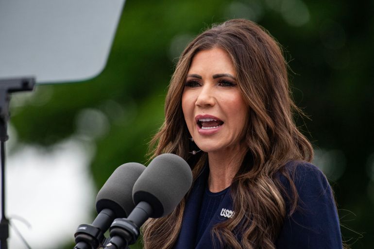 US Secretary of Homeland Security Kristi Noem speaks during the US Coast Guard Academy’s 144th Commencement in New London, Connecticut, on May 21, 2025. (Photo by JOSEPH PREZIOSO / AFP)