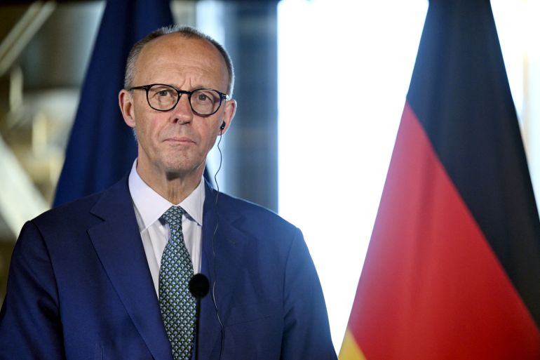 German Chancellor Friedrich Merz speaks during a joint press conference with the Finnish Prime Minister at the Nordic Prime Ministers' Summer Meeting in Turku, Finland, on May 27, 2025. (Photo by Roni Rekomaa / LEHTIKUVA / AFP) / FINLAND OUT