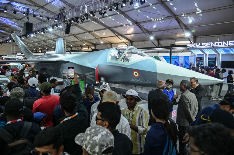 afp_6835f3b5f40c-1748366262 (FILES) A full-scale model of India's Advanced Medium Combat Aircraft (AMCA) aircraft is displayed during the 15th edition of Aero India 2025 at Yelahanka Air Force Station in Bengaluru on February 14, 2025.