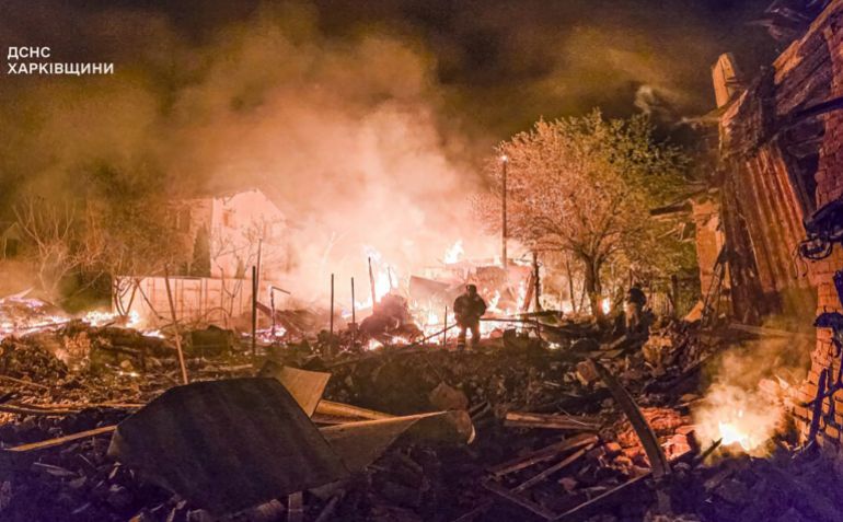 ap_681239857962c-1746024837 In this photo provided by the Ukrainian Emergency Service, firefighters put out a fire following a Russian drone attack that hit apartment buildings in Kharkiv, Ukraine, Wednesday, April 30, 2025. (Ukrainian Emergency Service via AP)