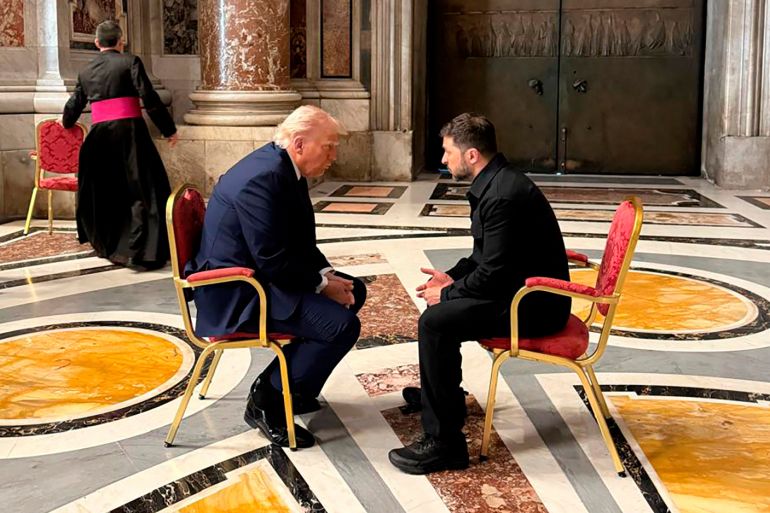 ap_6813a6849475a-1746118276-2 FILE - In this photo provided by the Ukrainian Presidential Press Office, President Volodymyr Zelenskyy, right, and President Donald Trump, talk as they attend the funeral of Pope Francis in St. Peter’s Basilica in Vatican City, April 26, 2025.(Ukrainian Presidential Press Office via AP, File)