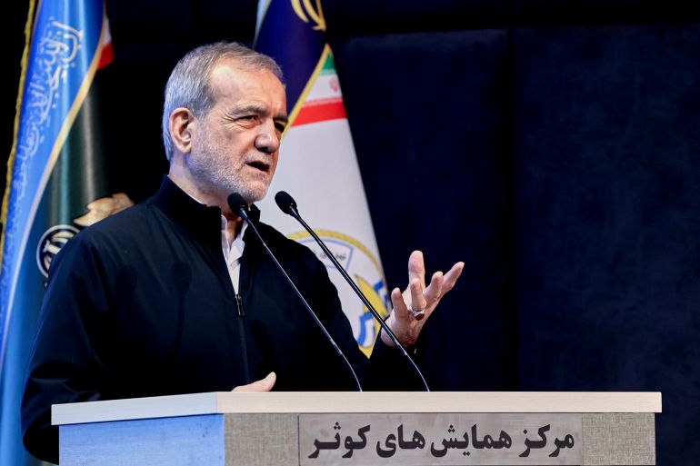 ap_6828a8851020e-1747495045 In this photo released by the Iranian Presidency Office, President Masoud Pezeshkian speaks to navy officials, in Tehran, Iran, Saturday, May 17, 2025. (Iranian Presidency Office via AP)