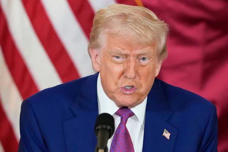 President Donald Trump speaks during a business roundtable, attended by Sheikh Saoud bin Abdulrahman bin Hassan bin Ali Al Thani,Thursday, May 15, 2025, in Doha, Qatar. (AP Photo/Alex Brandon)