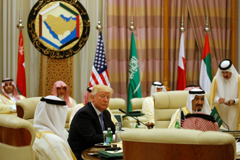 asdfgbdfb1-1744265620 U.S. President Donald Trump sits down to a meeting with of Gulf Cooperation Council leaders, including Saudi Arabia's King Salman bin Abdulaziz Al Saud (R), during their summit in Riyadh, Saudi Arabia May 21, 2017. REUTERS/Jonathan Ernst