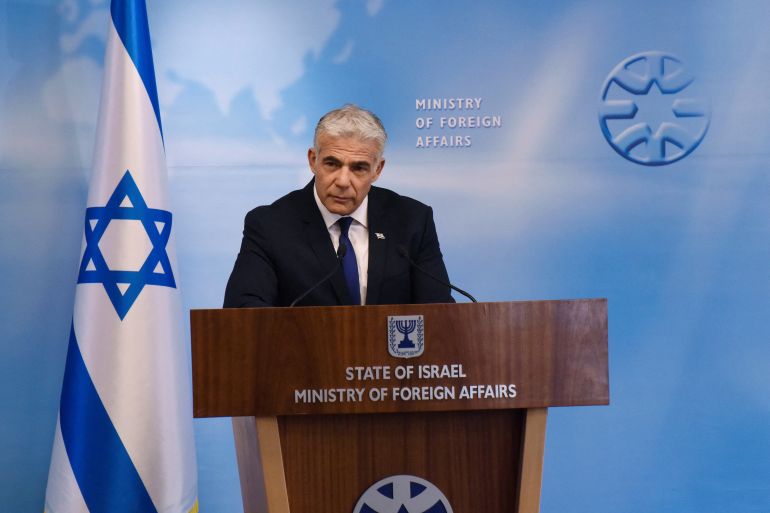 d8a8d8a8d8a8d98ad98a-2-1696167570 Israeli Foreign Minister Yair Lapid gives a press briefing at the Foreign Ministry in Jerusalem, April 24, 2022. Debbie Hill/Pool via REUTERS REFILE - CORRECTING MONTH