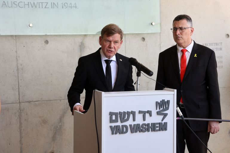 German Foreign Minister Johann Wadephul (L), accompanied by his Israeli counterpart Gideon Saar, gives a press conference at the Yad Vashem Holocaust Memorial museum in Jerusalem on May 11, 2025, during his visit to Israel. (Photo by GIL COHEN-MAGEN / AFP)