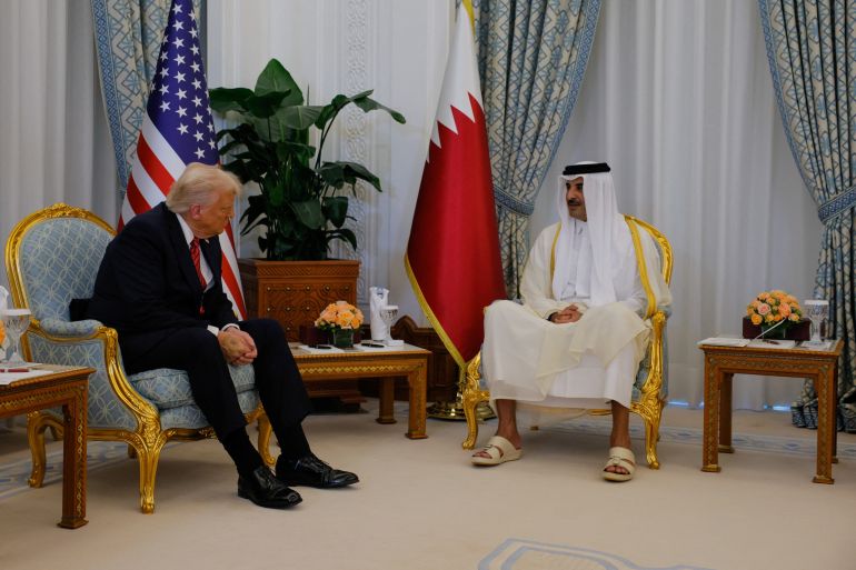 d98ad98ad98a-2-1747224177 U.S. President Donald Trump meets Qatar's Emir Tamim bin Hamad Al Thani, in Doha, Qatar, May 14, 2025. REUTERS/Brian Snyder