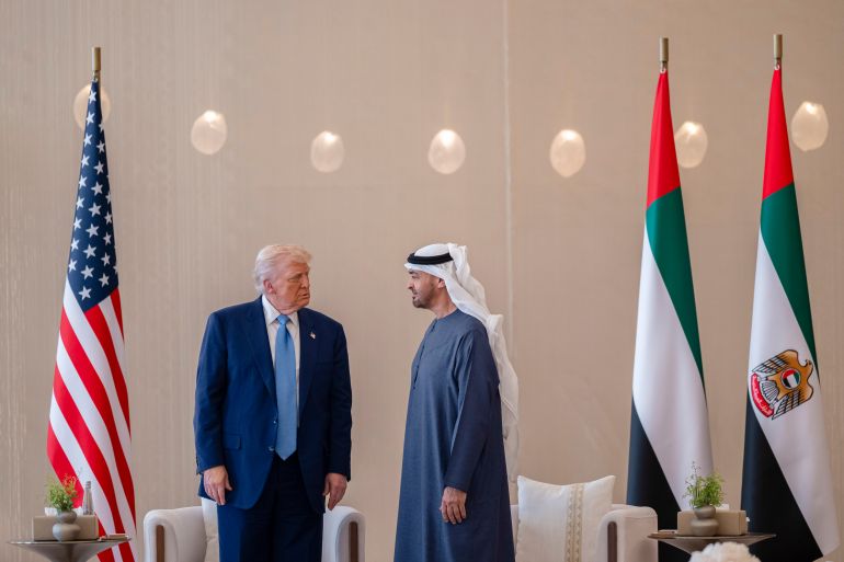 epa_682768545dbd-1747413076 epa12106237 A handout photo made available by the UAE's Presidential Court shows President of the United Arab Emirates Sheikh Mohamed bin Zayed Al Nahyan (R) speaking with US President Donald Trump, at the Presidential Airport in Abu Dhabi, United Arab Emirates, 16 May 2025. EPA-EFE/UAE PRESIDENTIAL COURT / HANDOUT HANDOUT EDITORIAL USE ONLY/NO SALES
