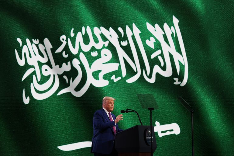 getty_68246186cc-1747214726 RIYADH, SAUDI ARABIA - MAY 13: U.S. President Donald J. Trump addresses the audience at the King Abdul Aziz International Conference Center while attending a Saudi-U.S. business investment forum, on May 13, 2025, in Riyadh, Saudi Arabia. Trump begins a multi-nation tour of the Gulf region focused on expanding economic ties and reinforcing security cooperation with key U.S. allies. (Photo by Win McNamee/Getty Images)