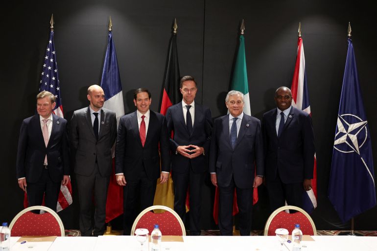 reuters_6825f4cd-1747317965 U.S. Secretary of State Marco Rubio, NATO Secretary General Mark Rutte, Britain's Foreign Secretary David Lammy, Germany's Foreign Minister Johann Wadephul, French Foreign Minister Jean-Noel Barrot and Italy's Foreign Minister Antonio Tajani pose for a family photo, in Antalya, Turkey May 15, 2025. REUTERS/Umit Bektas/Pool