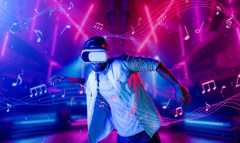 shutterstock_2481367569-1719585341 Caucasian man moving to music while using virtual reality glasses. Energetic person with casual cloth enjoy dancing while enter metaverse or simulated world surrounded with music notes. Deviation.