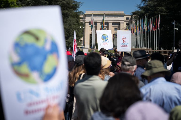 un-staff2-1746123103 Geneva based United Nations employees take part in a demonstration in Geneva, on May 1, 2025, over deep funding cuts, especially from key donor the United States, which have led to mass-layoffs and threatened life-saving services around the world. (Photo by Fabrice COFFRINI / AFP)