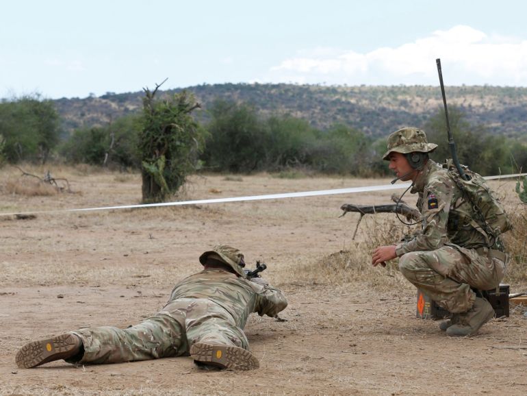 Soldiers are seen during a training session under the British Army Training Unit Kenya (BATUK), at a camp in Laikipia, Kenya September 30, 2018. Picture taken September 30, 2018. REUTERS/Thomas Mukoya