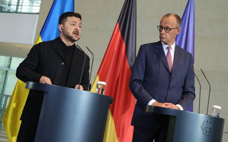 BERLIN, GERMANY - MAY 28: German Chancellor Friedrich Merz (R) and Ukrainian President Volodymyr Zelensky speak to the media following talks at the Chancellery on May 28, 2025 in Berlin, Germany. Merz recently said he will allow Ukraine to use German weapons to hit targets deep inside Russia. Germany is the second biggest supplier of military aid to Ukraine after the United States. (Photo by Sean Gallup/Getty Images)