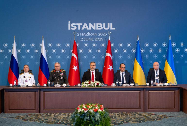 ISTANBUL, TURKEY - JUNE 2: (EDITOR’S NOTE: This Handout image was provided by a third-party organization and may not adhere to Getty Images’ editorial policy.) In this handout image provided by the Turkish Ministry of Foreign Affairs, members of Ukrainian and Russian delegations attend peace talks presided over by Turkish Foreign Minister Hakan Fidan (center) on June 2, 2025 at Ciragan Palace in Istanbul, Turkey. Fidan is flanked by Chief of Turkish General Staff General Metin Gürak (2nd from left) and head of Turkish Intelligence Ibrahim Kalin (2nd from right). Ukraine's President Volodymyr Zelensky said on Sunday he would send a delegation to Istanbul for a second round of peace negotiations with Russia, even as fighting escalates between the two sides. Also on Sunday, Ukraine struck Russian air bases in a series of bold drone attacks, after Russia launched a record number of drones against Ukraine overnight Saturday, in addition to a missile strike that killed 12 Ukrainian military personnel and injured 60 others. (Photo by Turkish Ministry of Foreign Affairs viaGetty Images)